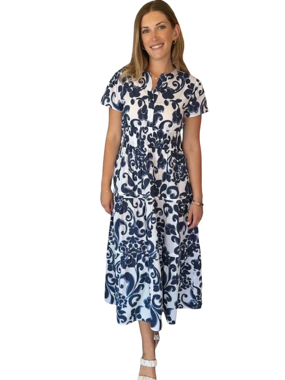 The Sydney Cinch Waist Dress in Blue Floral — view 2