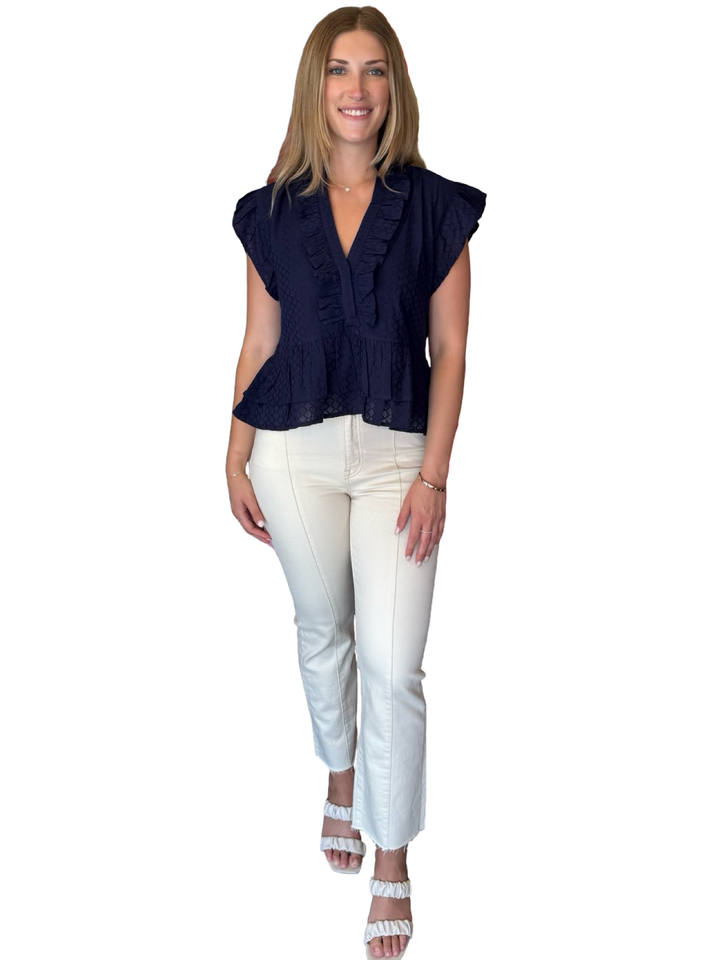 The Bella Ruffle Shirt in Navy Jacquard — view 5