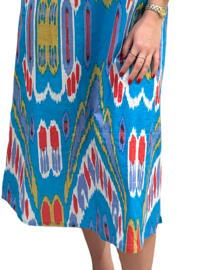 The Lisette Cotton Dress in Turquoise Red Ikat — view 5