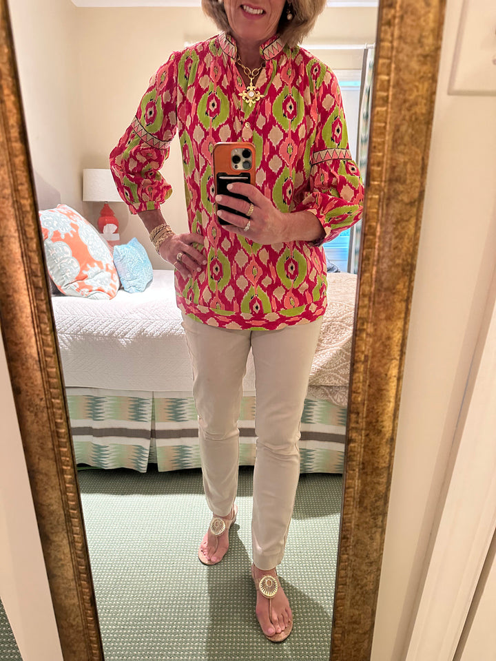 The McKenzie Embroidered Trim Top in Pink and Green Ikat — view 6
