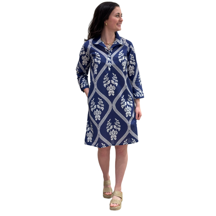 The Lisette Cotton Easy Fit Dress in Violet Blue and White — view 3
