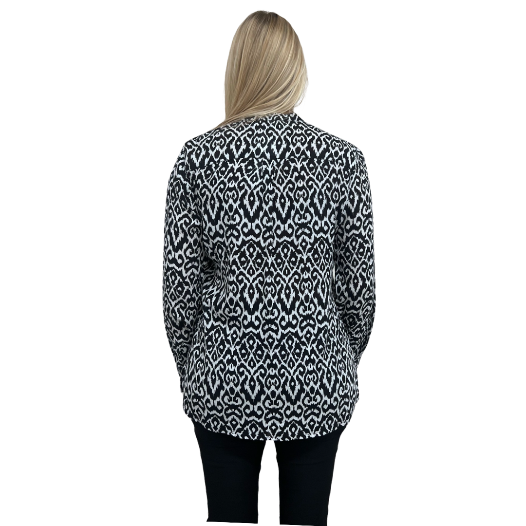 The Gretchen Black and White Ikat Top in Rayon Crepe — view 5