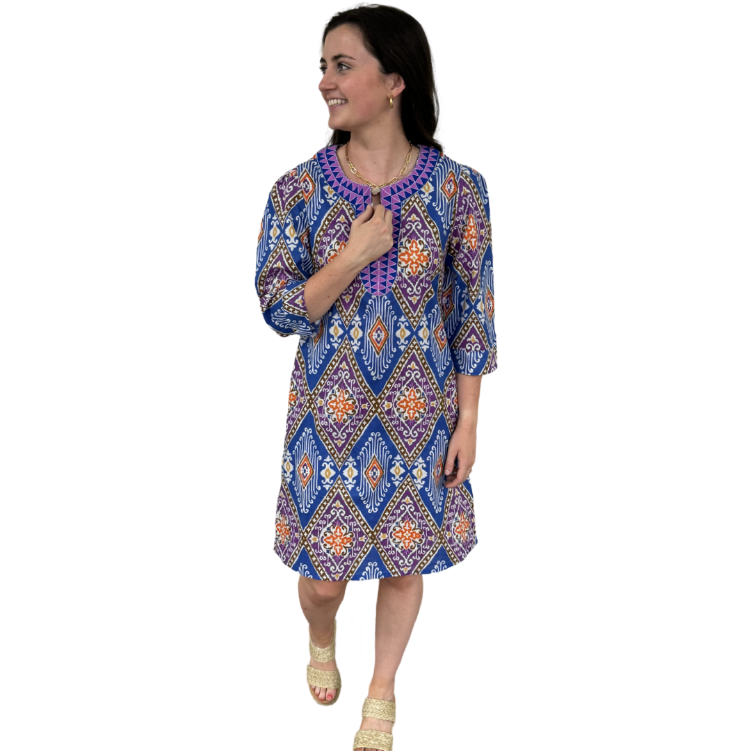 The Merrill Lavender Ikat Embroidered Trim Tunic Dress — view 3