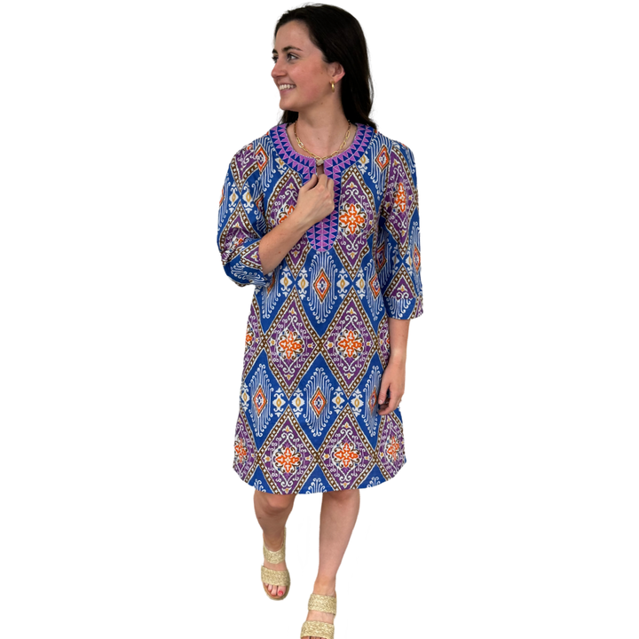 The Merrill Lavender Ikat Embroidered Trim Tunic Dress — view 3