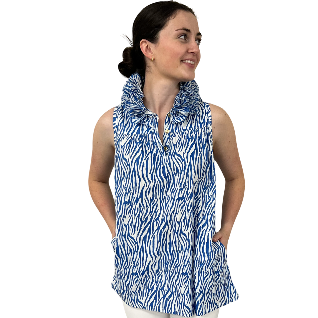 The Newport Sleeveless Ruffle Collar Tunic in Blue White Zebra Stripe — view 4
