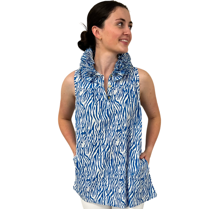The Newport Sleeveless Ruffle Collar Tunic in Blue White Zebra Stripe — view 4