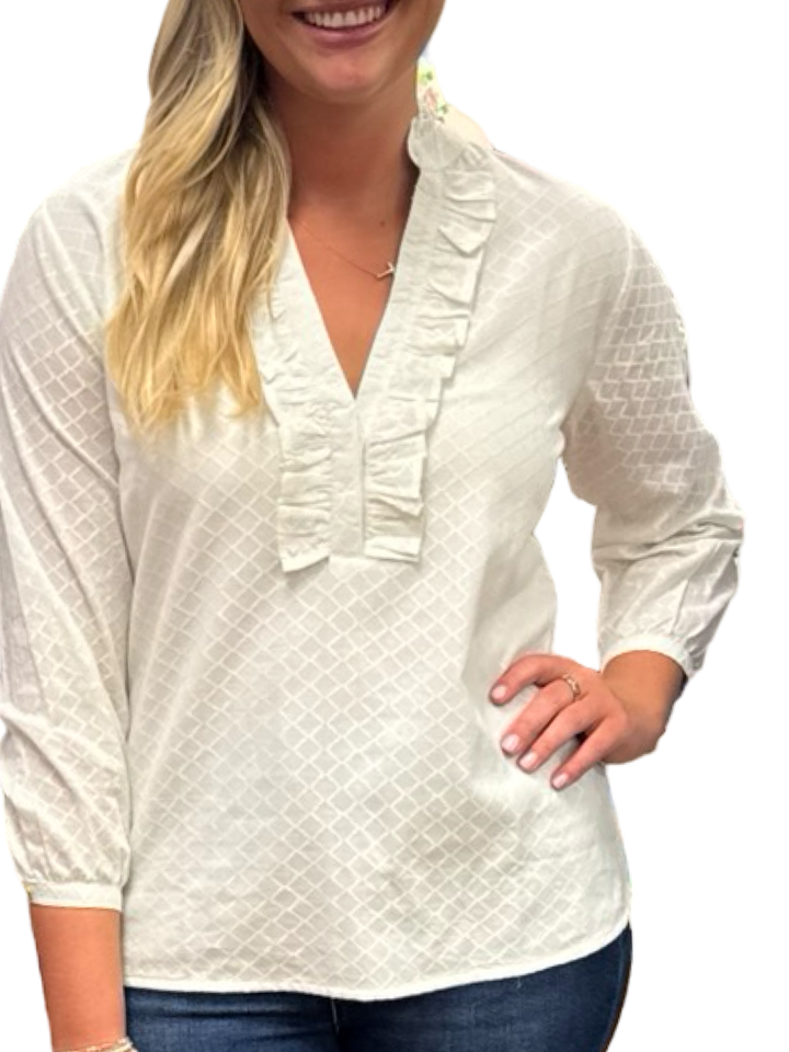 The Emerson White Cotton Top in Diamond Jacquard