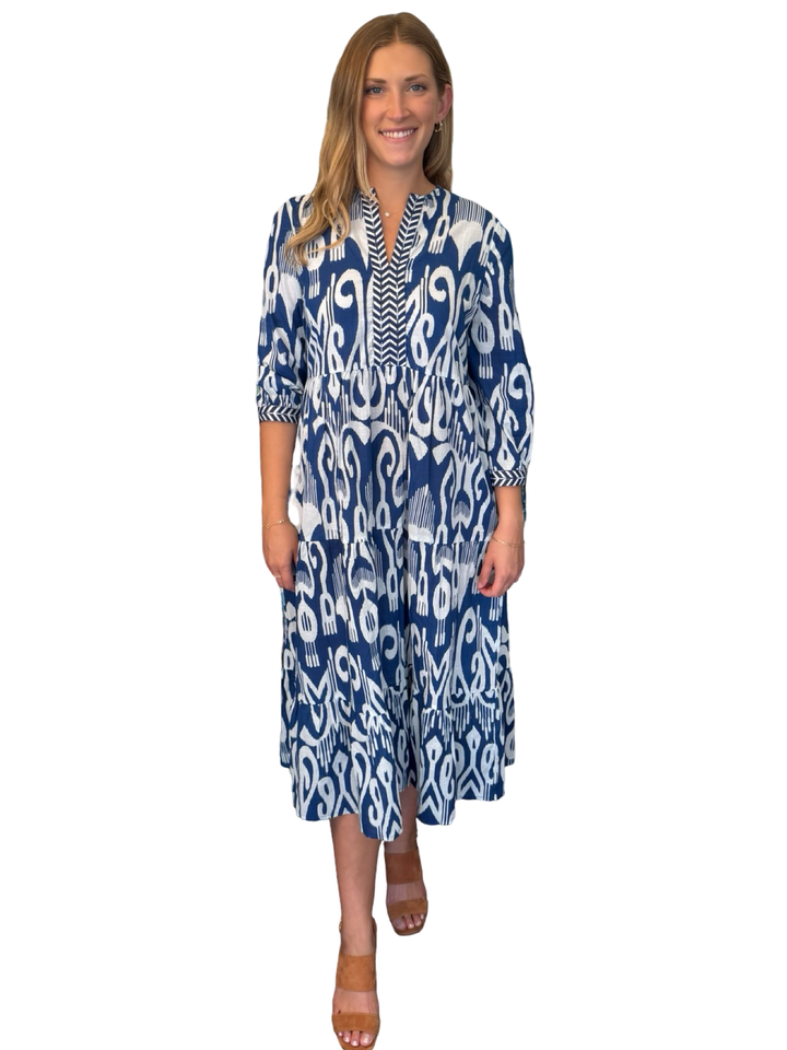 The Daniella Embroidered Trim Dress in Royal Blue Ikat