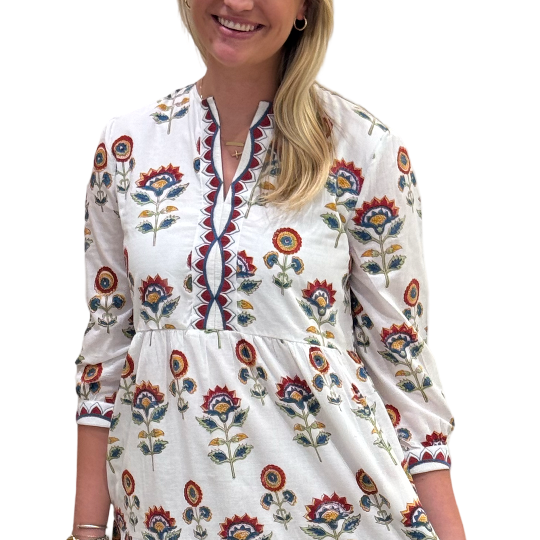 The Daniella Embroidered Trim Dress in Hand Blocked White Floral — view 4