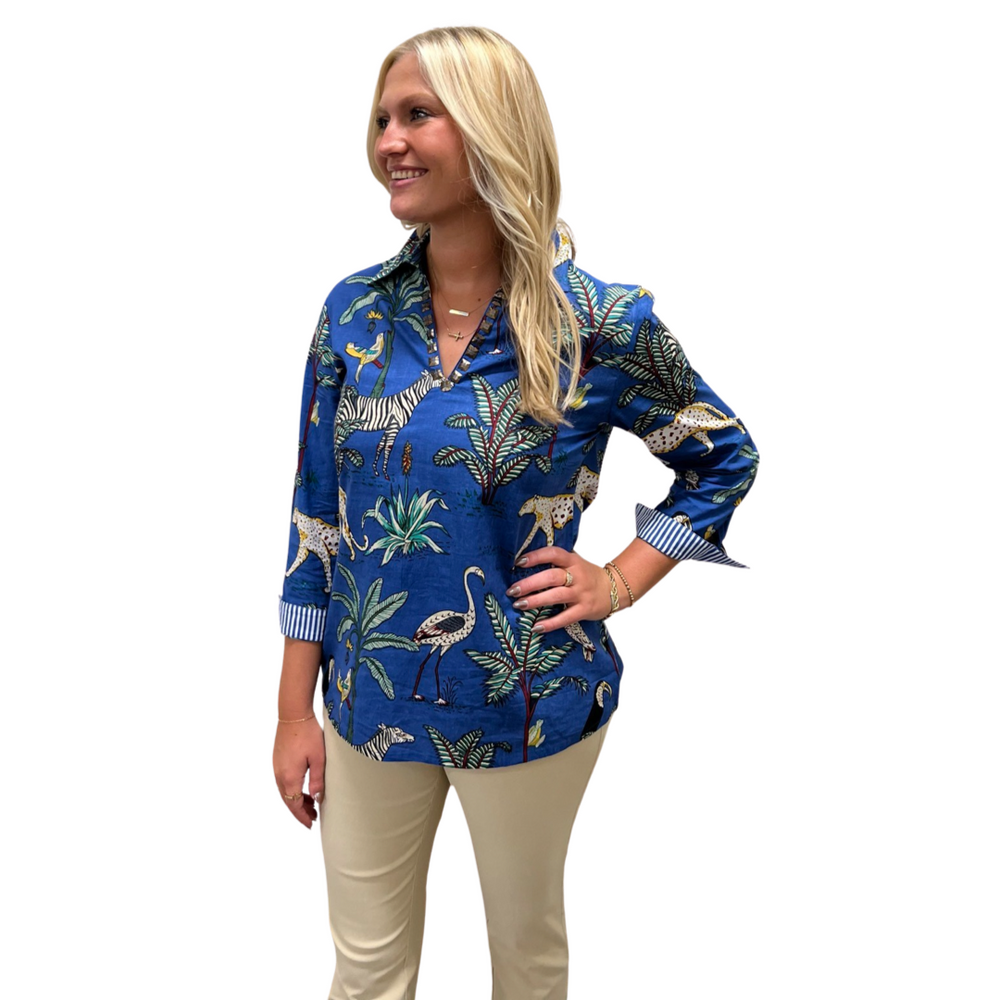 The Carly Cotton Animal Print Top in Maritime Blue — view 2