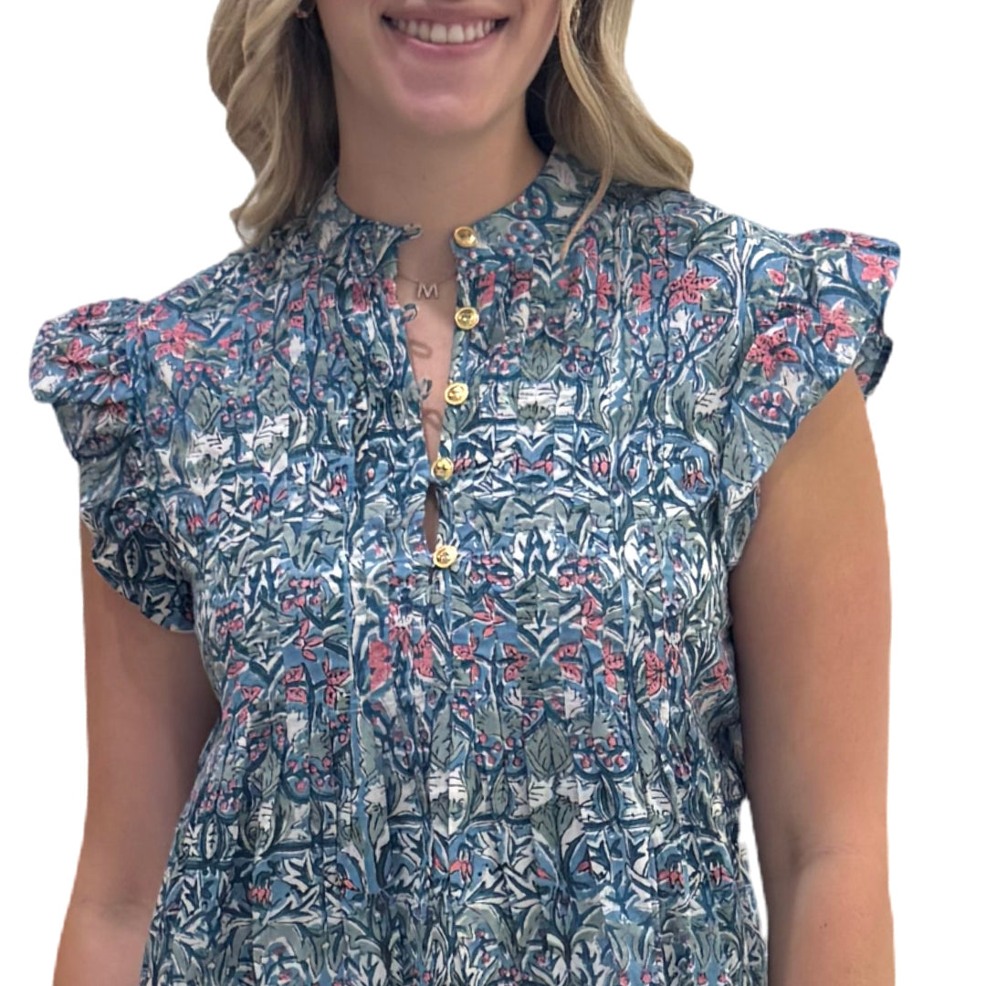 The Maggie Flutter Sleeve Dress in Blue Multi Hand Block Printed Cotton — view 3