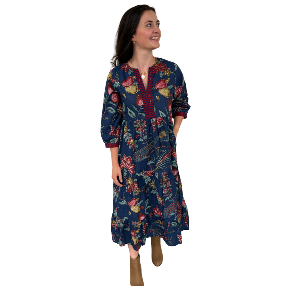 The Daniella Embroidered Trim Dress in Deep Navy Hand Blocked Floral — view 2
