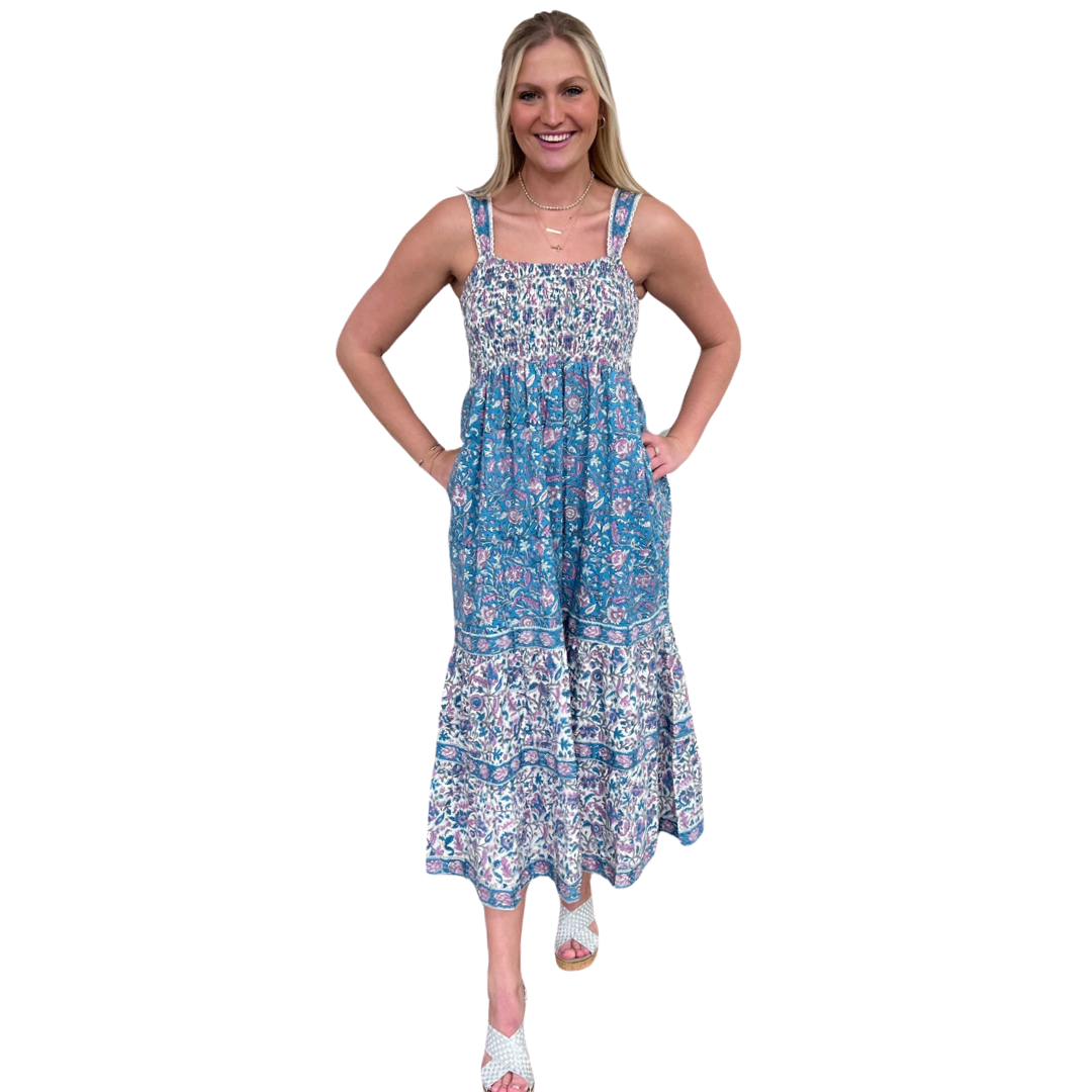 The Sutton Floral Print Smocked Long Length Dress — view 4