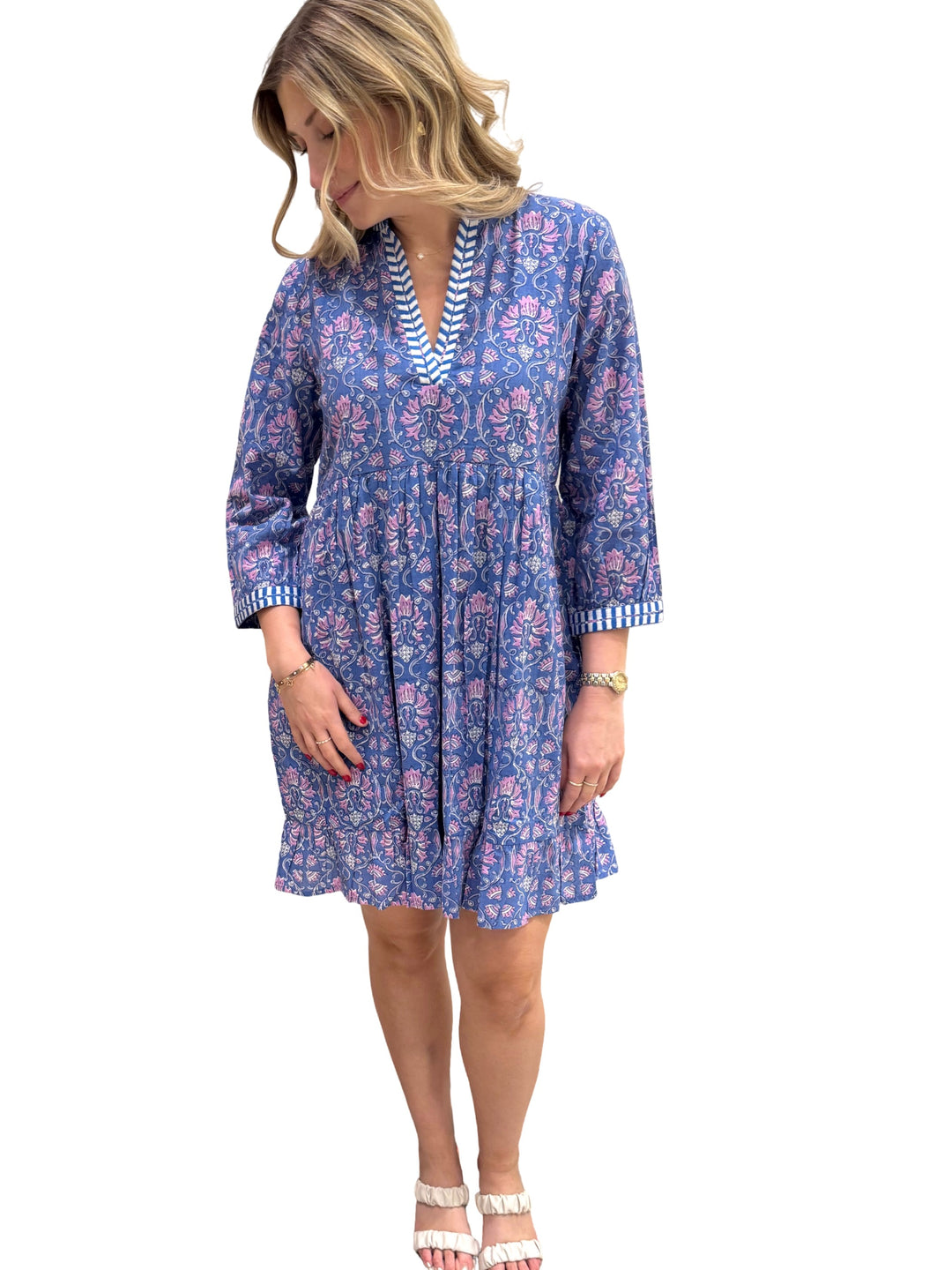 The Morley Embroidered Trim Cotton Hand Block Printed Dress in Blue and Lavender — view 4