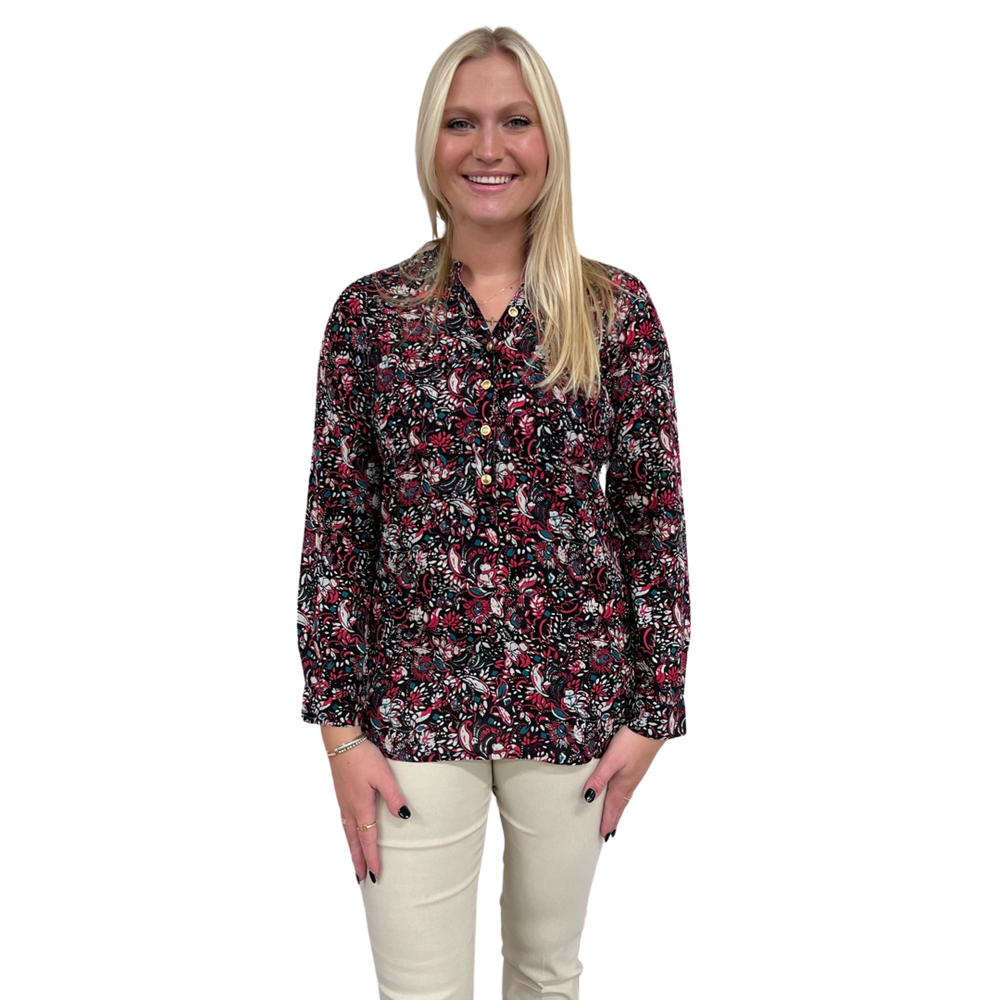 The Gretchen Button Front Top in Black and Cranberry Floral Rayon Crepe — view 2