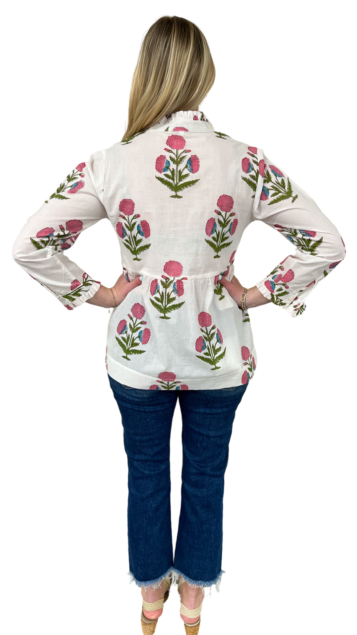 The Veronica Smocked Button Front Top in Hand-Blocked Cotton Floral — view 6