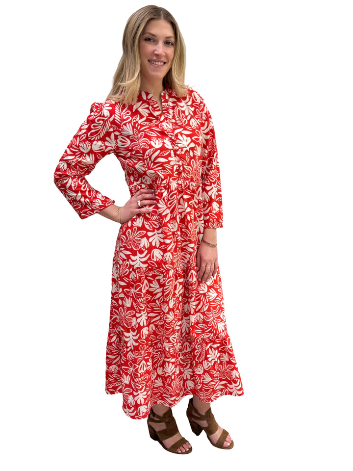 The Addison Button Trimmed Dress in Deep Coral — view 3