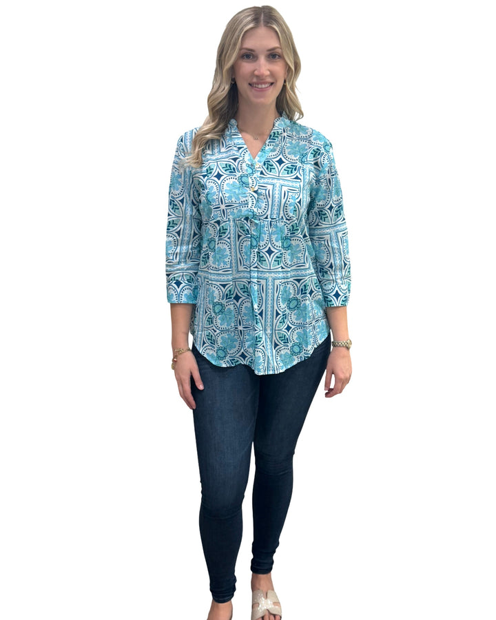 The Elliott Cotton Top in Aqua Tile Print — view 7