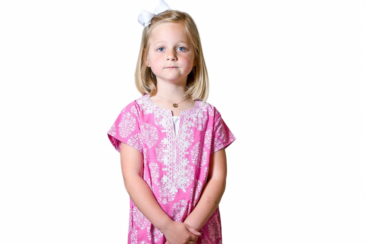The Charlotte Embroidered Dress in Pink and White