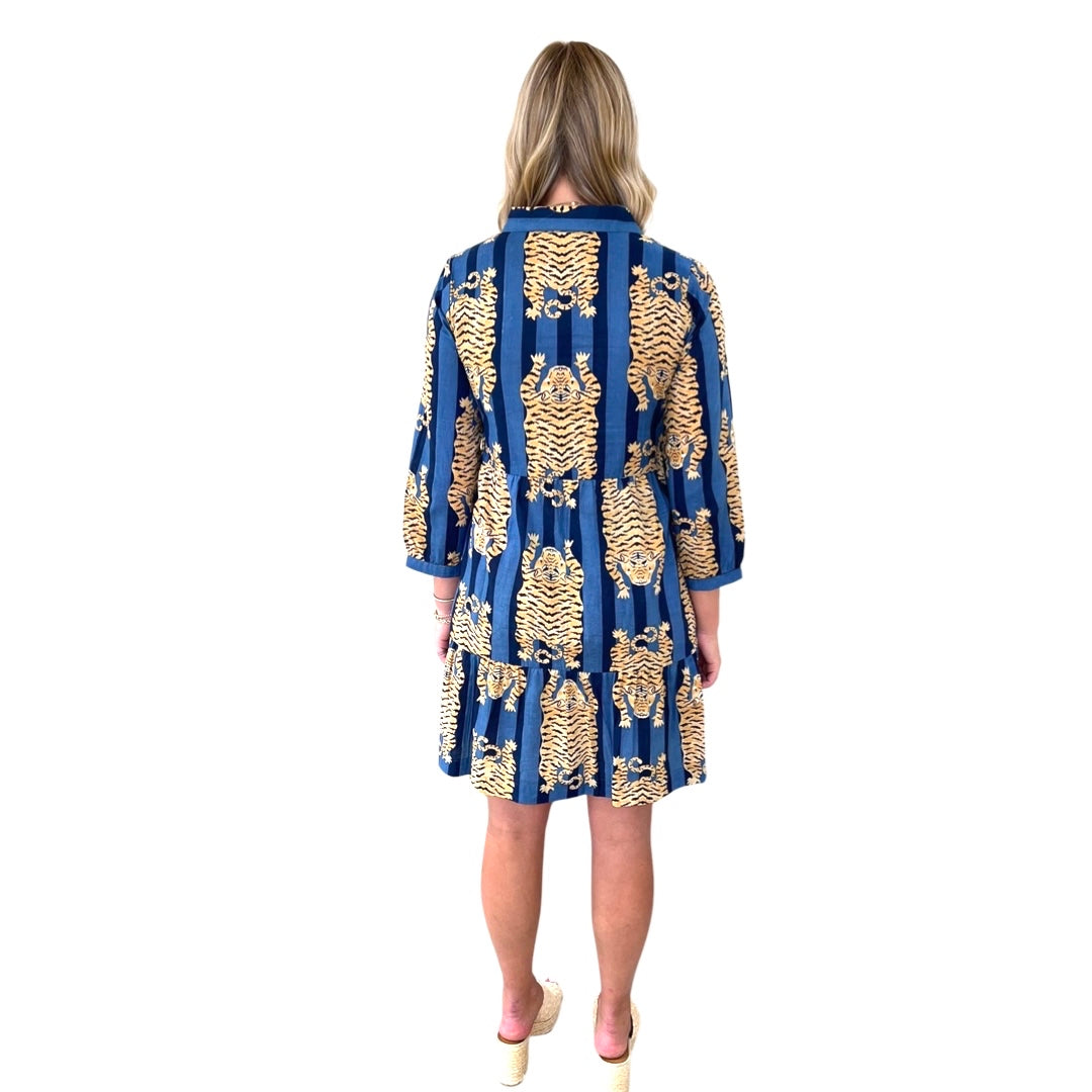 The Kalie Cotton Tiger Print Dress in Blue Stripe – Liza Byrd