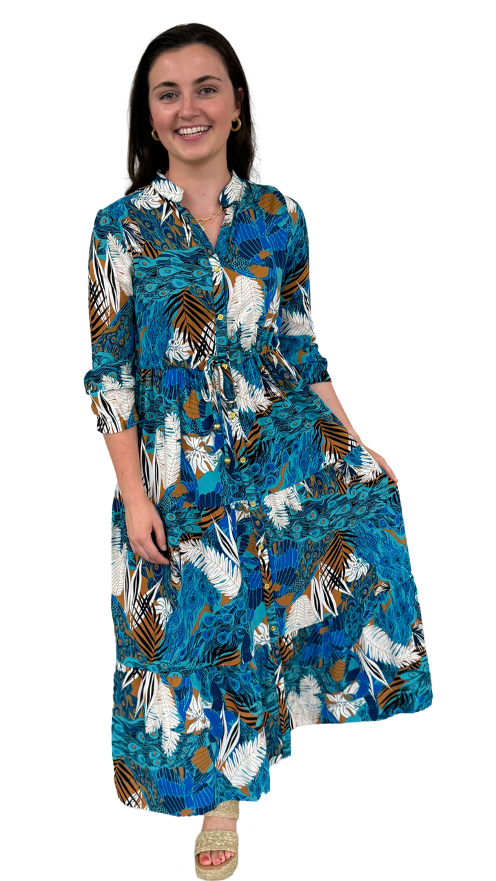 The Hamilton Tie Front Dress in Turquoise and Mocha Multi — view 3