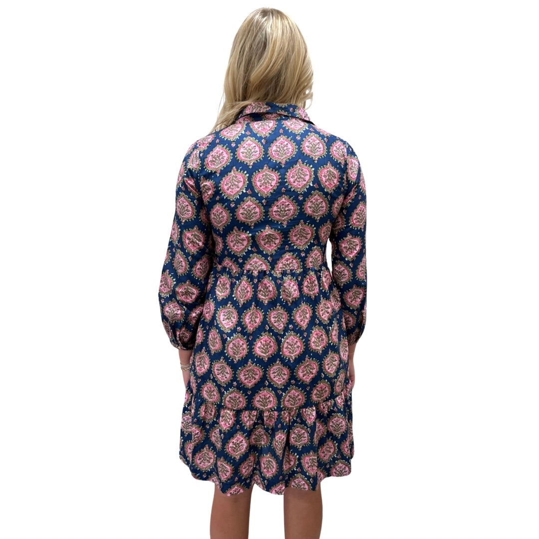 The Kalie Floral Block Print Dress in Blue and Pink — view 7
