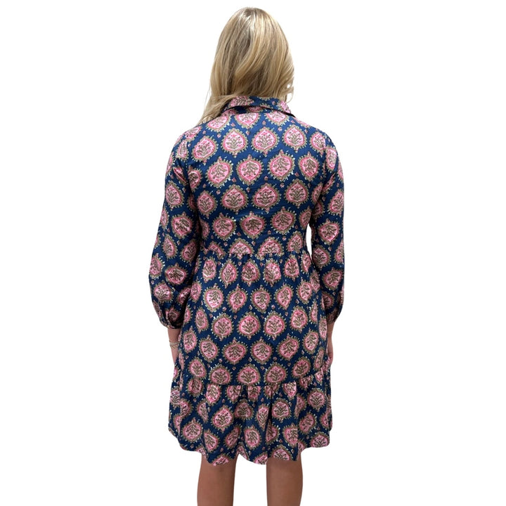 The Kalie Floral Block Print Dress in Blue and Pink — view 7