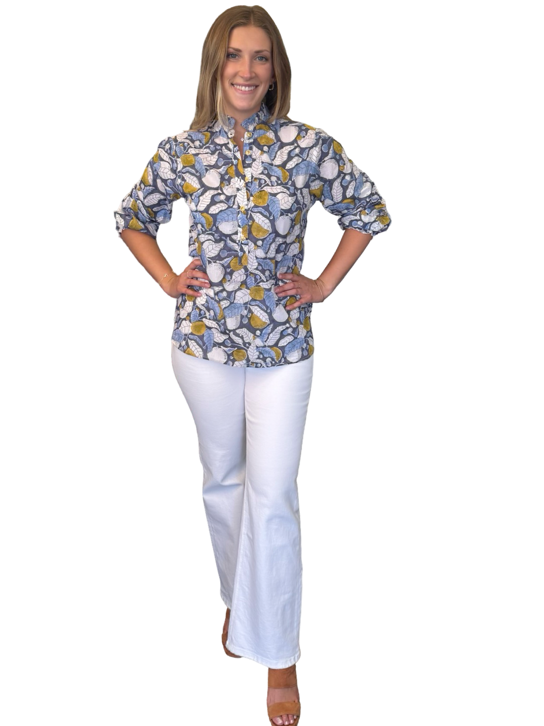 The Tricia Ruffle Trim Top in Grey Blue Leaf Print