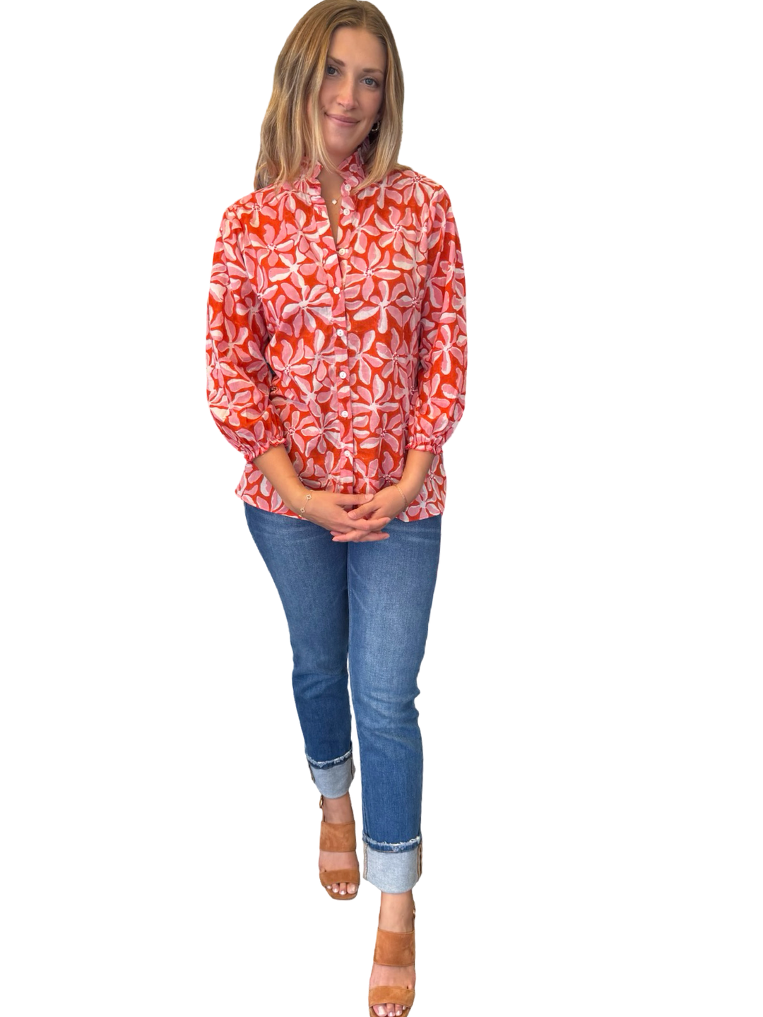 The Tricia Shirt in Red Pink Floral with Bead Detailing
