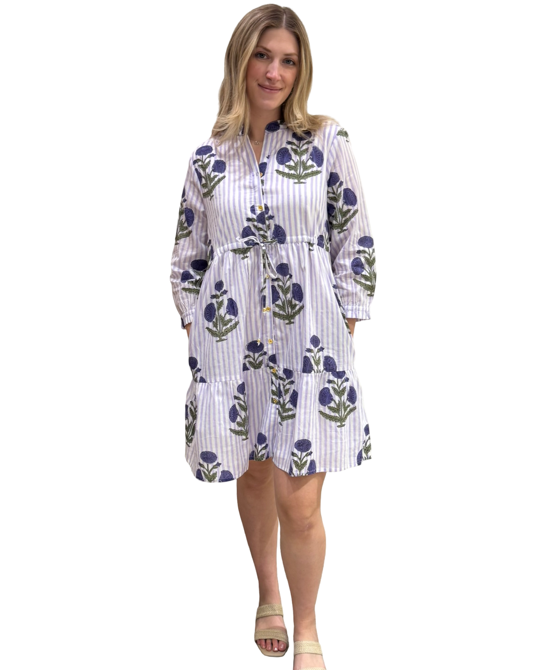 The Hamilton Striped Lavender Cotton Floral Hand Block Printed Dress — view 4