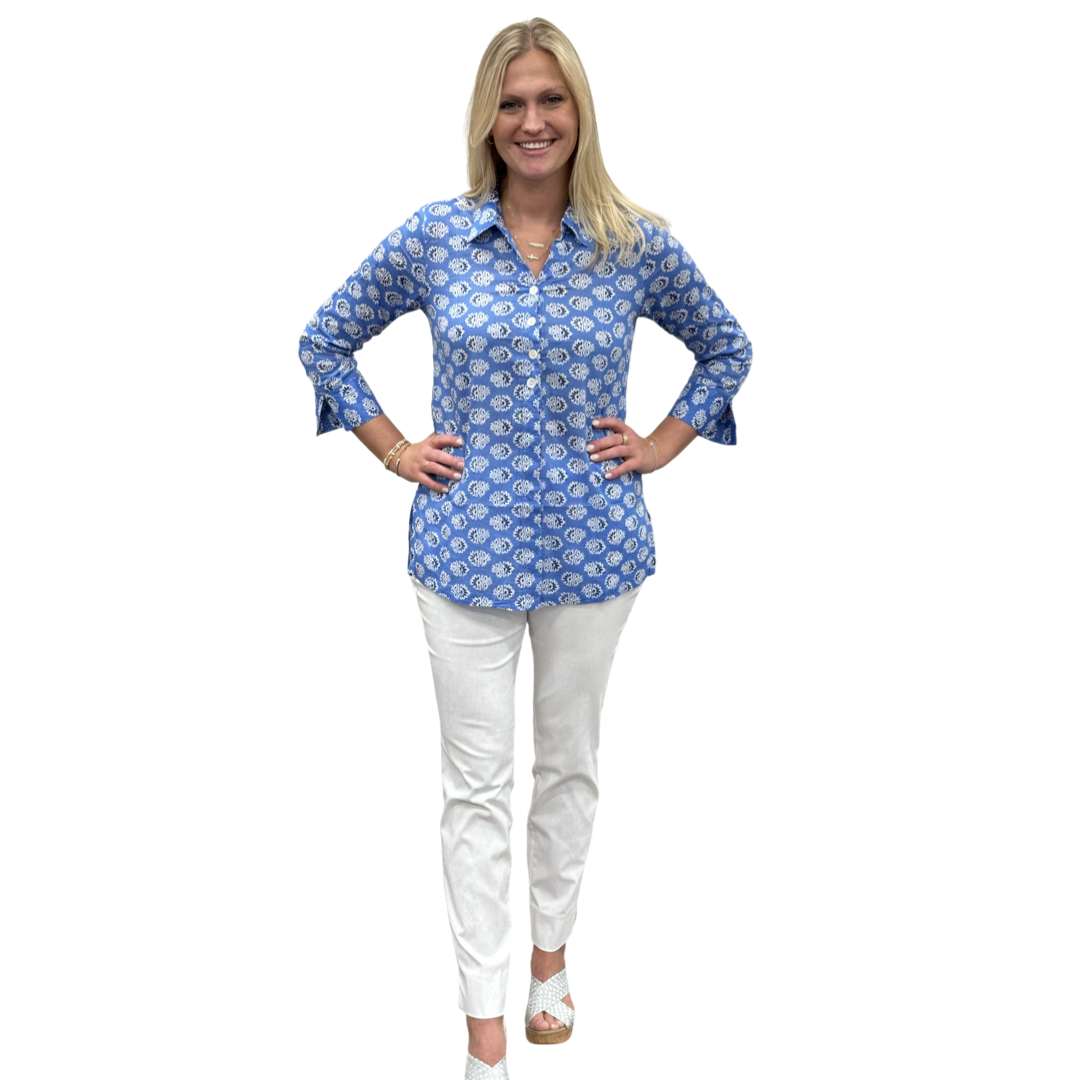 The Mason Button Front Top in Periwinkle Blue Floral