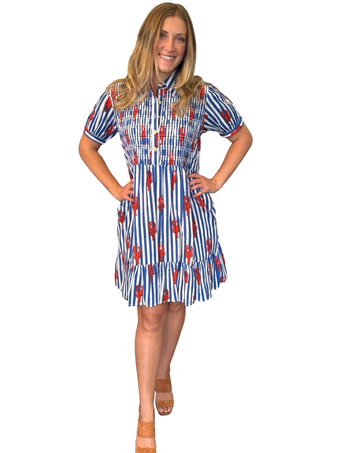 The Tasha Smocked Front Dress in Lobster Striped Cotton