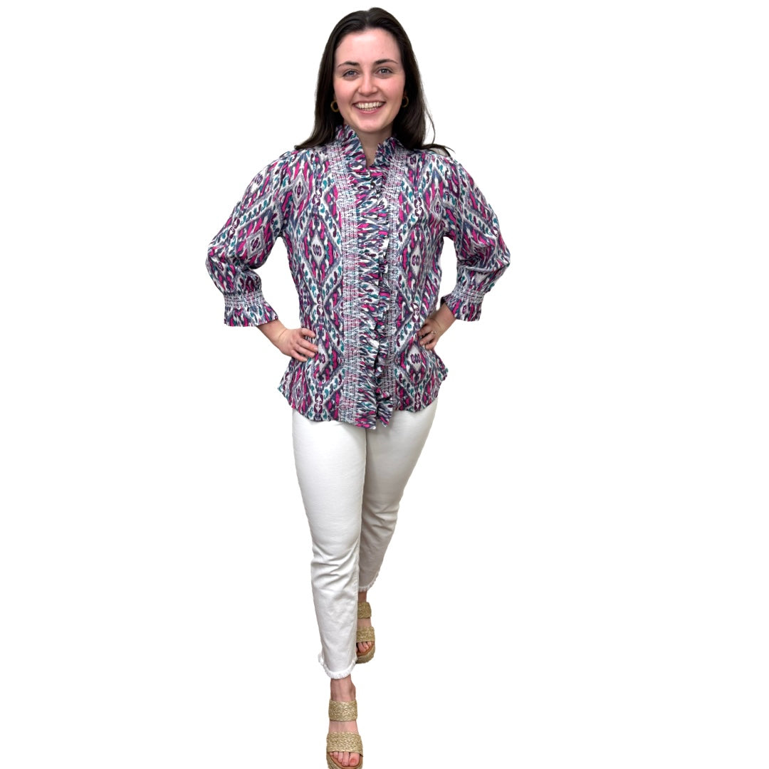 The Amelia Ruffle Trim Smocked Top in Pink and Navy Ikat — view 7