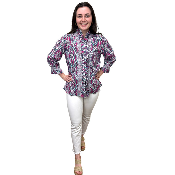The Amelia Ruffle Trim Smocked Top in Pink and Navy Ikat — view 7