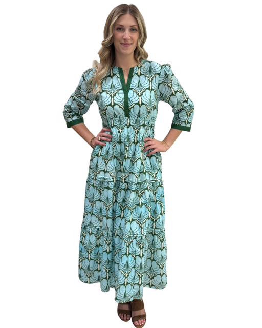 The Sydney Cotton Cinch Waist Dress in Blue Green Fan Print — view 4