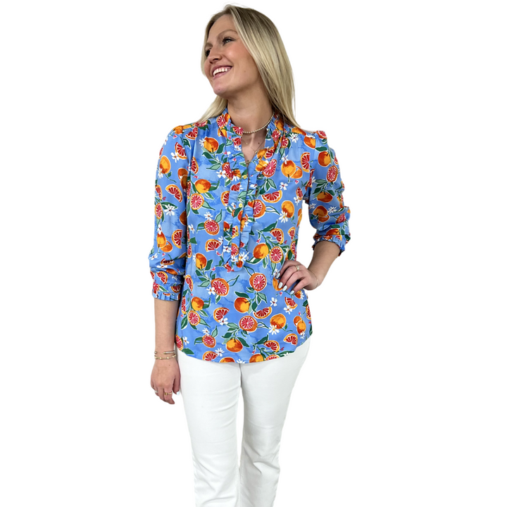 The Carrie Fresh Squeezed Orange Print Blouse in Periwinkle Blue — view 6