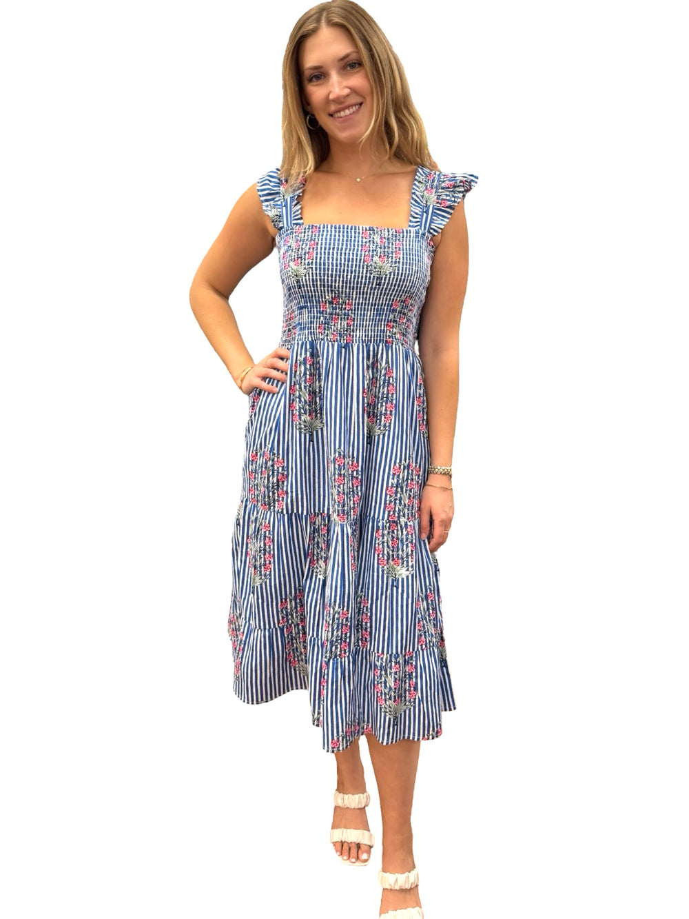 The Cloey Smocked Cotton Midi Dress in Blue Striped Pink Tulip Floral — view 2