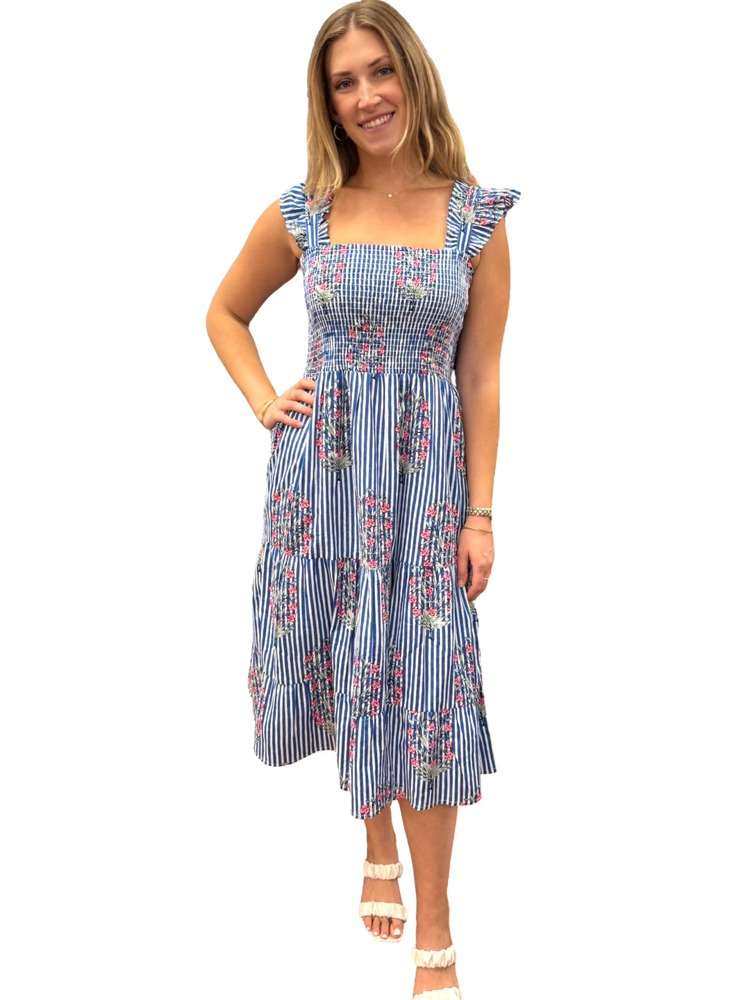 The Cloey Smocked Cotton Midi Dress in Blue Striped Pink Tulip Floral — view 2
