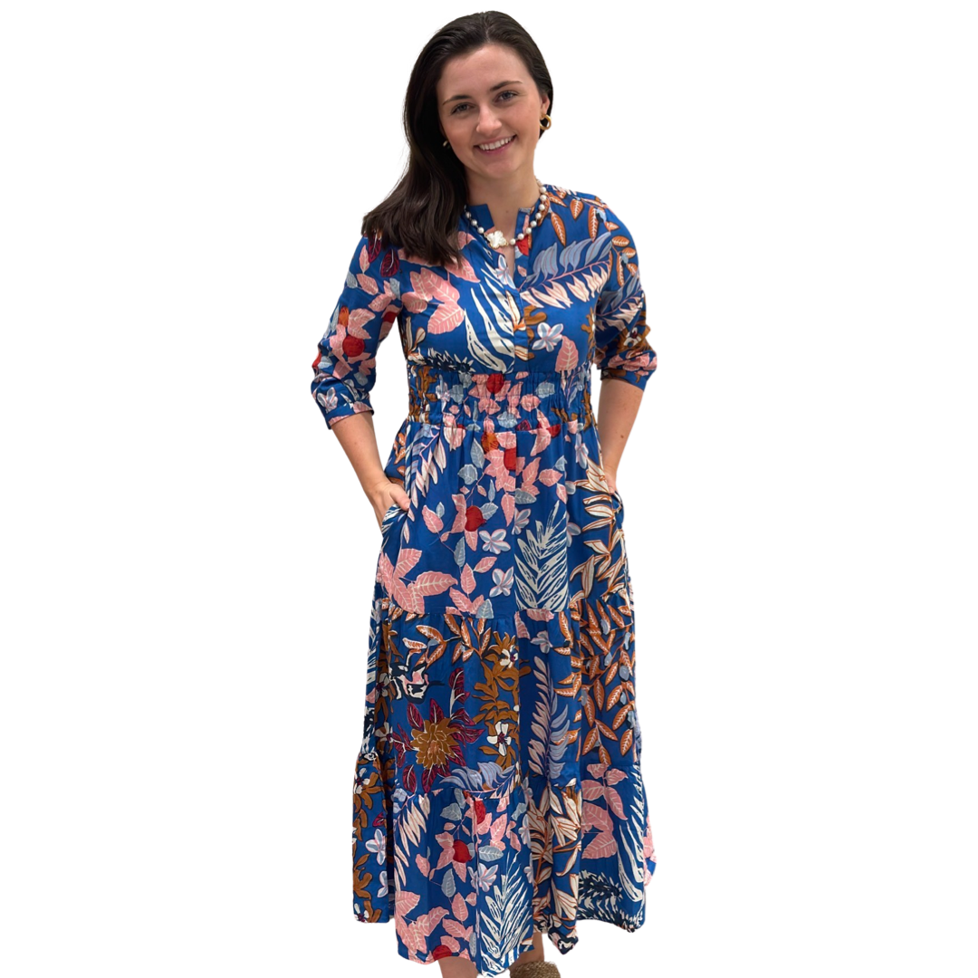 The Sydney Cinch Waist Dress in Beautiful Blue Floral