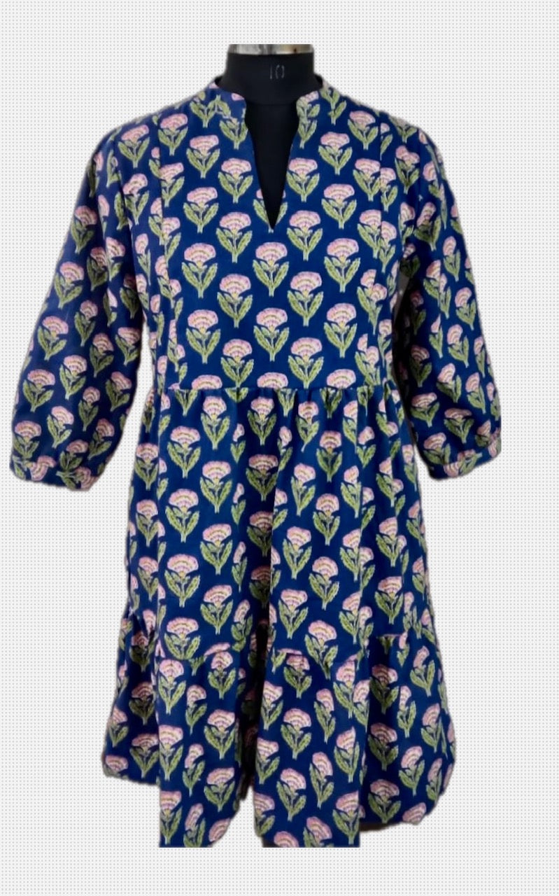 The Preston Hand Block Blue Pink Cotton Floral Dress — view 8