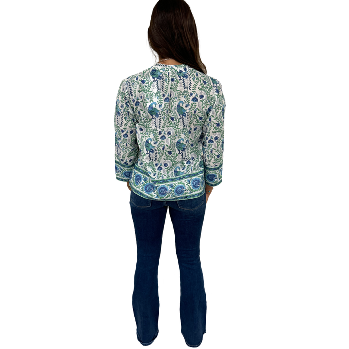 The Kelsea Cotton Hand Block Peacock Print Top in Blue Green — view 5