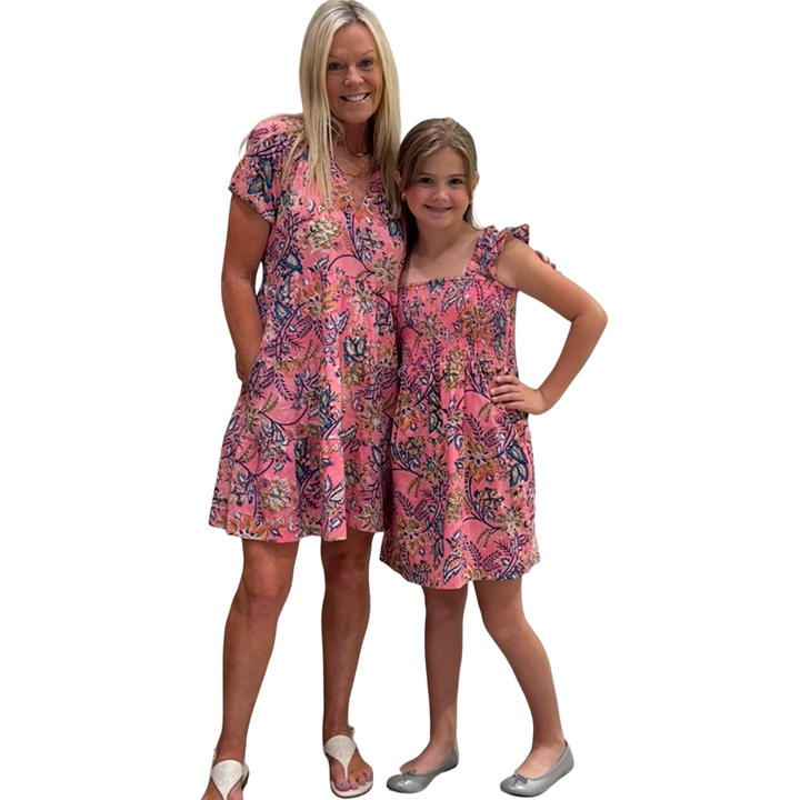 The Cloey Smocked Hand Block Printed Dress for Girls in Pink Floral — view 5