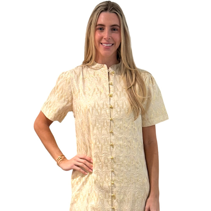 The Tabitha Button Front Dress in White and Gold Jaquard — view 3
