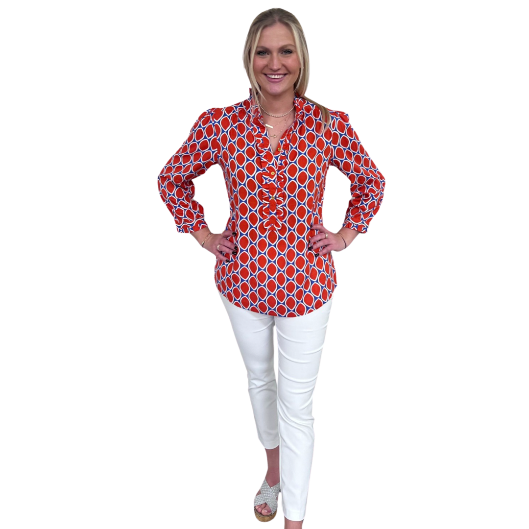 The Carrie Tangerine and Blue Ruffle Trimmed Top