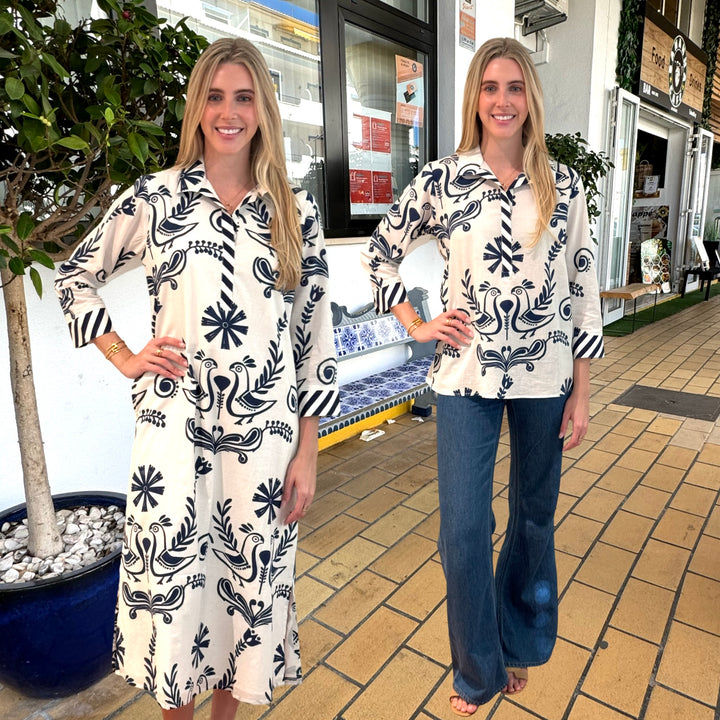 The Lisette Cotton Dress in White and Navy Bird Print — view 6