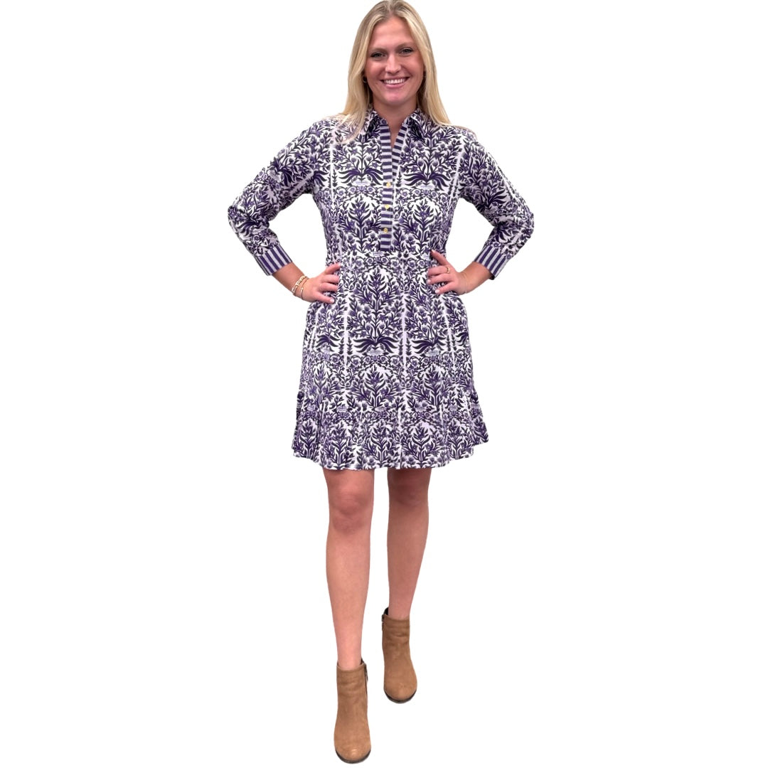 The Reagan Block Print Dress in Amethyst and White