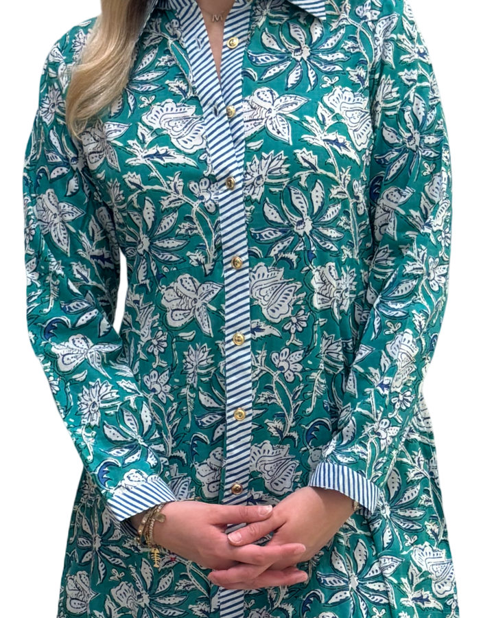 The Marion Hand Block Printed Button Front Dress in Green and Blue Floral — view 3