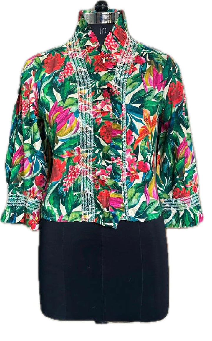 The Amelia Ruffle Front Top in Tropical Floral — view 7