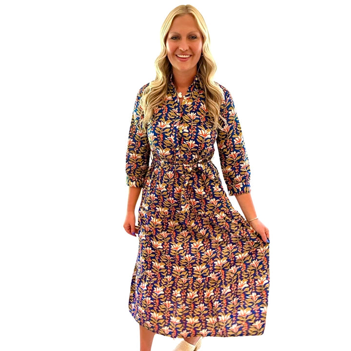 The Remington Cotton Block Print Dress in Blue Hand-Block Printed Floral — view 3