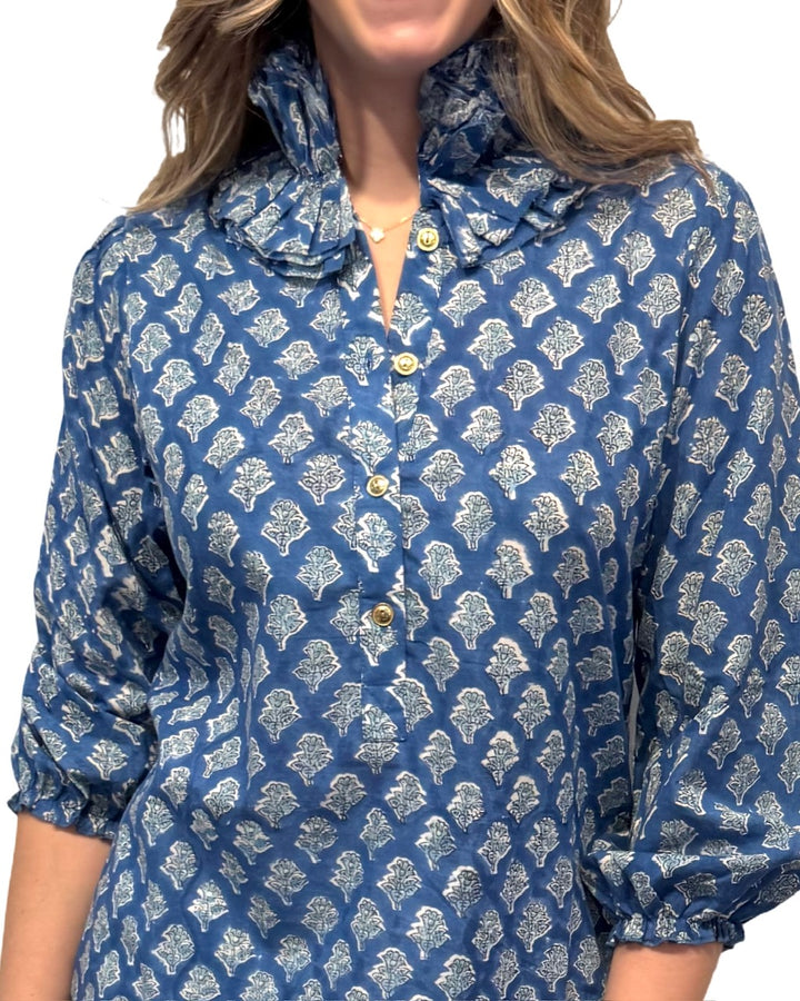 The Maria Ruffle Neck Blouse in Blue and Mint Floral — view 5